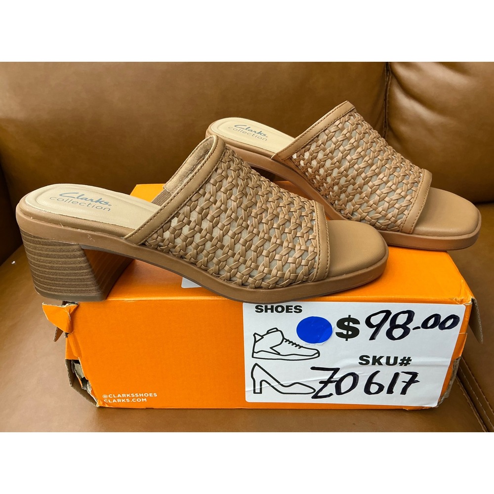 Clarks Jaylan Slide Womens 9 Tan Woven Block Heel Mules